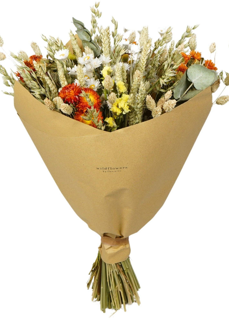 Bouquet of wildflowers wrapped in brown paper on a white background