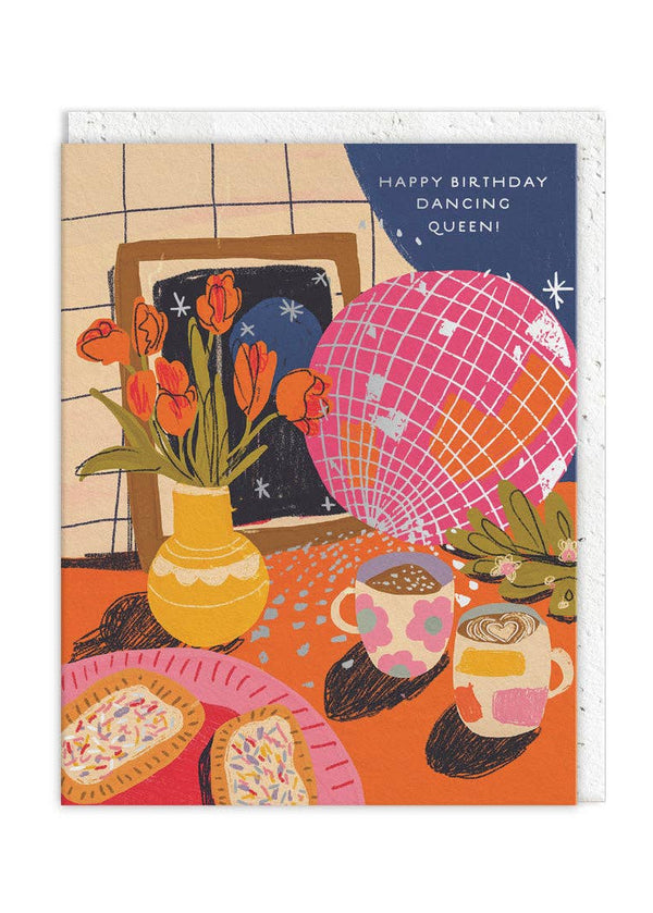 Birthday card with a colorful illustration of a table setting, flowers, and a disco ball.