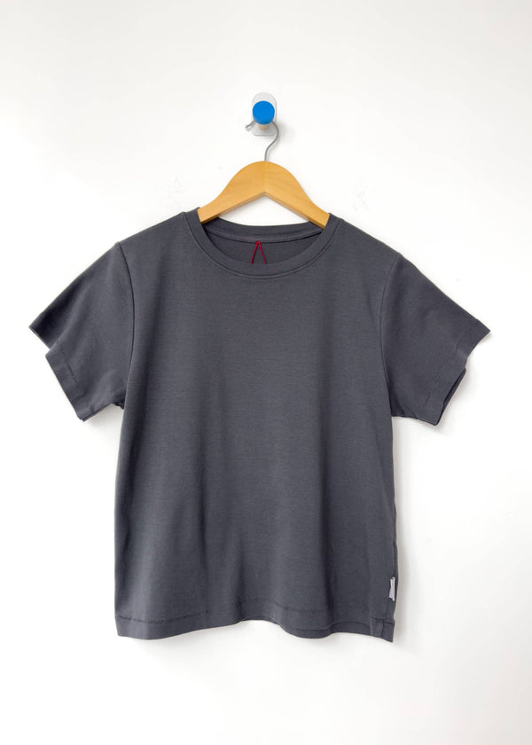 Gray t-shirt on a wooden hanger against a white background