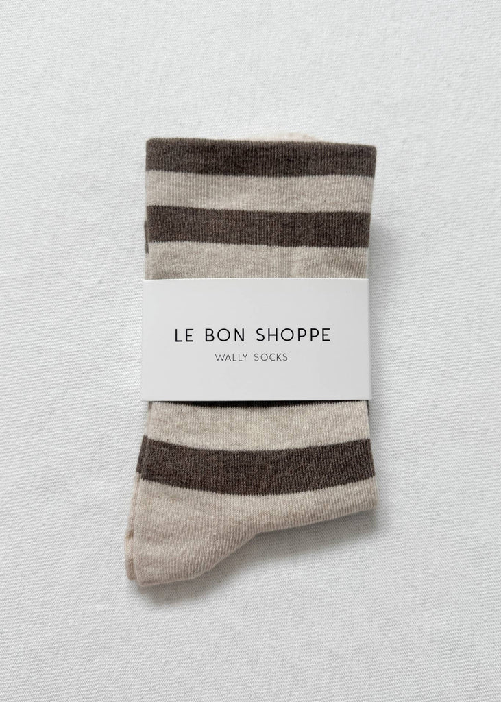 Pack of striped socks with 'Le Bon Shoppe' label on a light gray background
