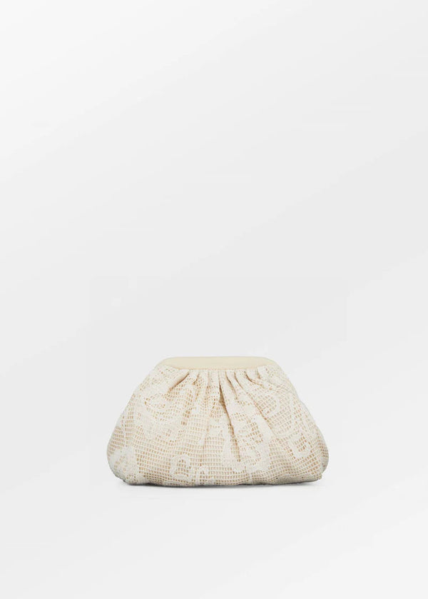 Beige pouch with drawstring on a white background