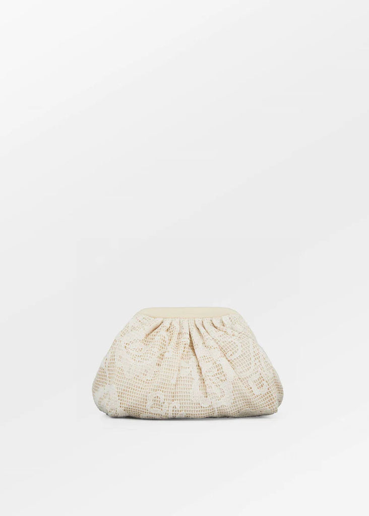 Beige pouch with drawstring on a white background