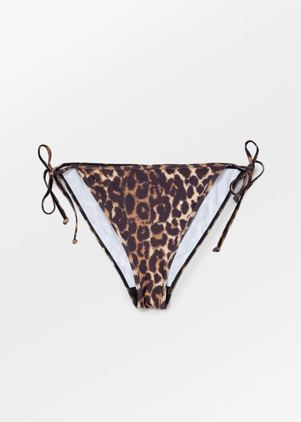 Leopard print bikini bottom with white trim on a light gray background