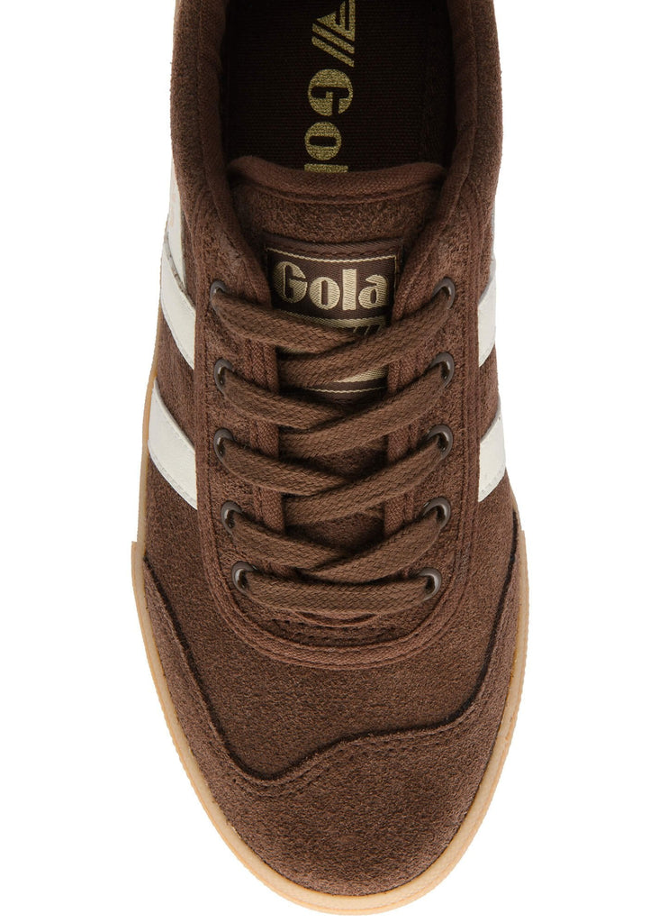 Brown sneaker with white stripes and 'Gola' branding on a white background