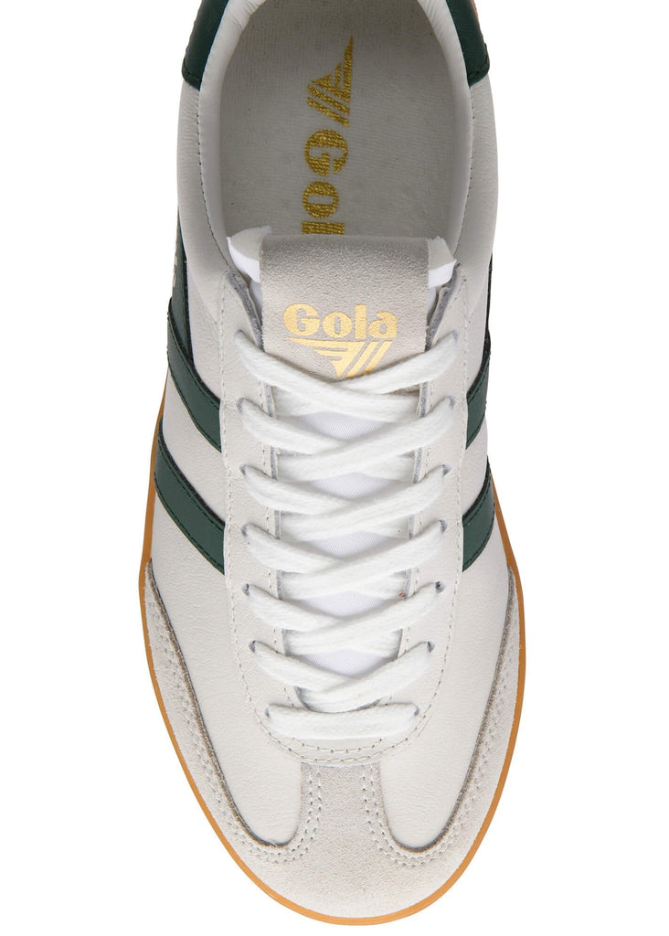 White sneaker with green stripes and 'Gola' branding on a white background