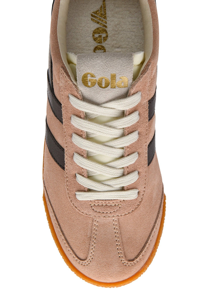 Beige sneaker with black stripes and white laces on a white background