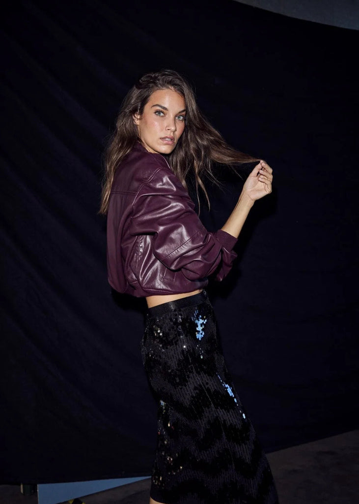 Haute L'Amitié Mirror Sequin Pencil Skirt in black, striped mirror sequins
