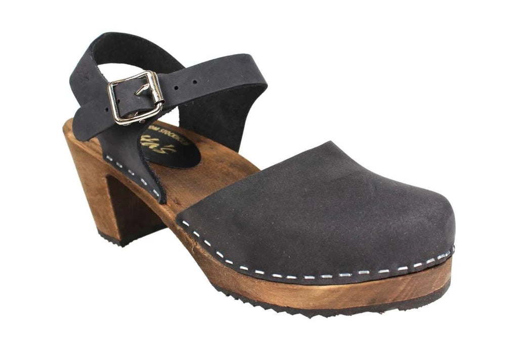 Highwood Clogs in Black Nubuck on Brown Base