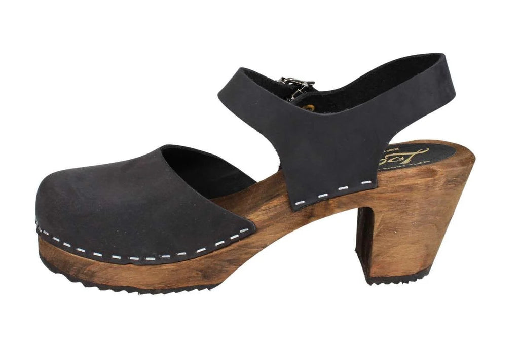 Highwood Clogs in Black Nubuck on Brown Base