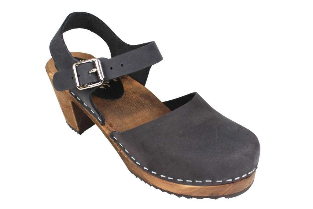 Highwood Clogs in Black Nubuck on Brown Base