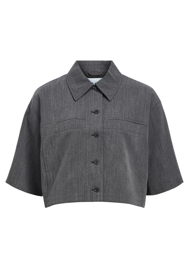 Gray short-sleeve shirt with collar on a white background