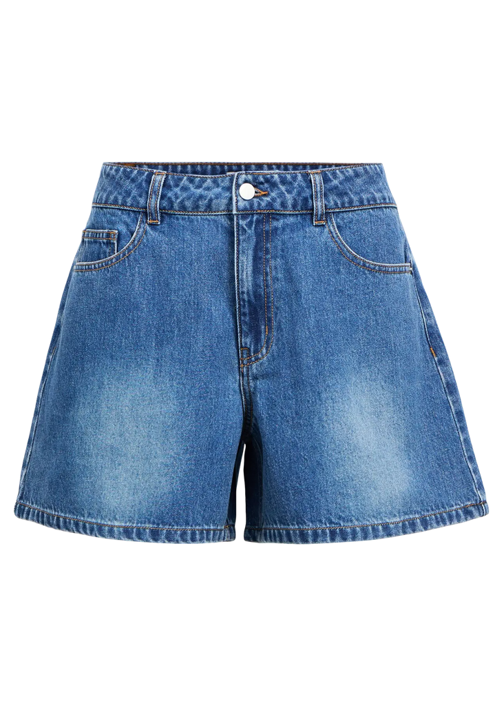 Blue denim shorts on a white background