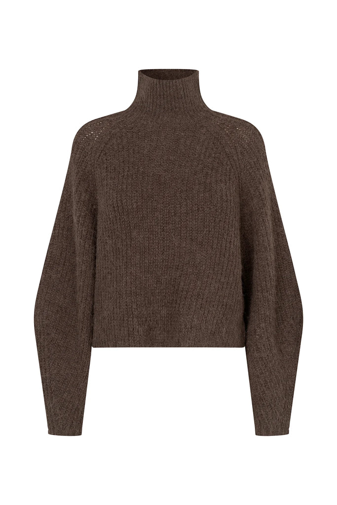 A dark brown ribbed knit turtleneck sweater with long sleeves, shown on a plain white background.
