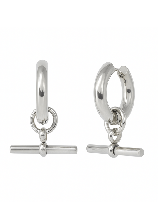 Pair of silver hoop earrings with bar charms on a white background