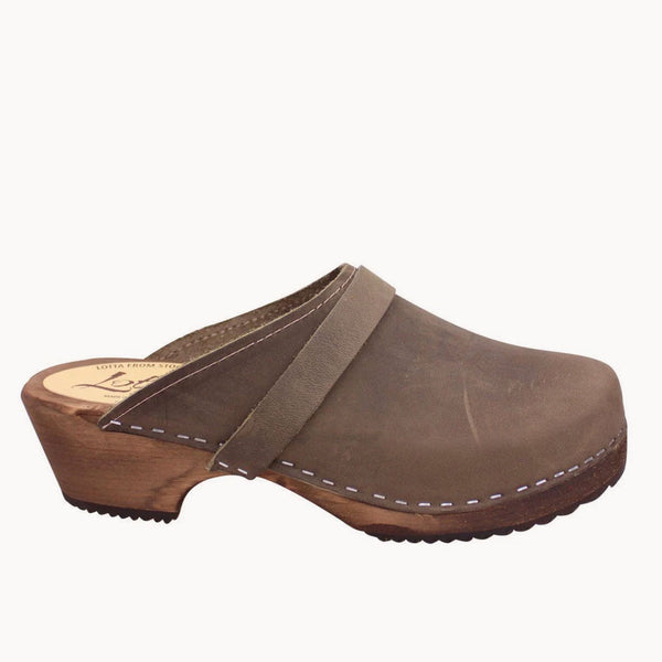 Lotta Classic Clogs in Taupe Oiled Nubuck on Brown Base | Shop online from Love of Lemons Vintage UK