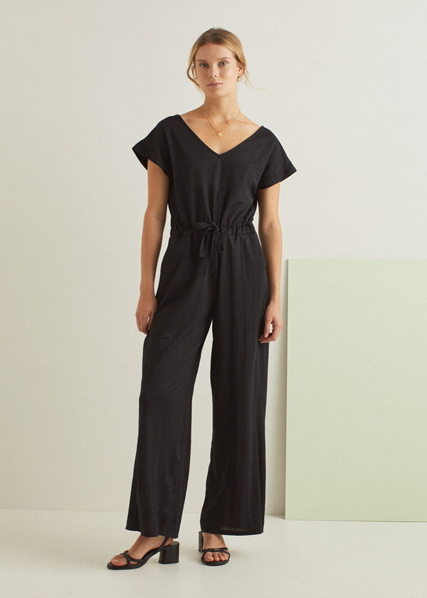 YERSE Short-Sleeve V-neck Jumpsuit Black