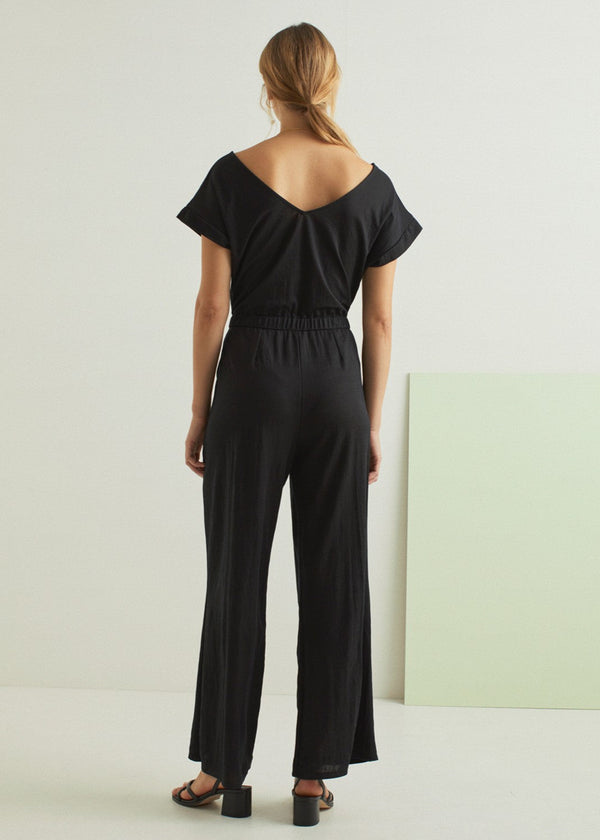 YERSE Short-Sleeve V-neck Jumpsuit Black
