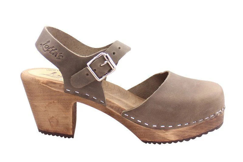 Lotta Highwood Clogs in Taupe Oiled Nubuck Leather on Brown Base