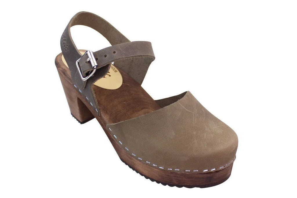 Lotta Highwood Clogs in Taupe Oiled Nubuck Leather on Brown Base